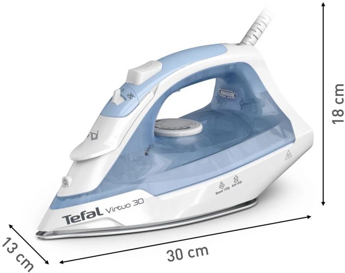 Праска Tefal Virtuo 30, 2000Вт, 240мл, паровий удар -120гр, постійна пара - 27гр, керам. підошва, біло-блакитний