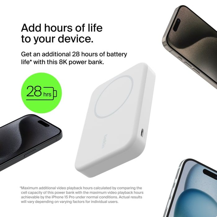 Акумулятор портативний літій-іонний Power Bank Belkin 10000мА·год, 15Вт, MagSafe Qi2, білий