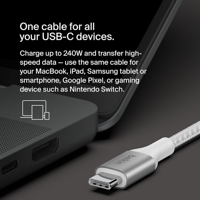 Кабель USB-C > USB-C заряджання/синхронізації Belkin 2м, 240Вт, Type-C, плетений, білий