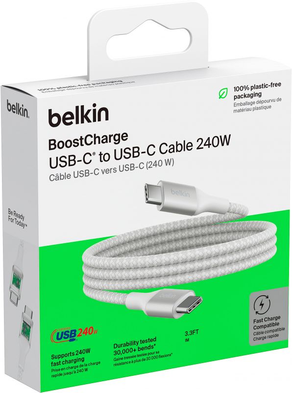 Кабель USB-C > USB-C заряджання/синхронізації Belkin 2м, 240Вт, Type-C, плетений, білий