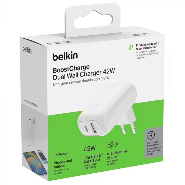 Зарядний пристрій мережевий Belkin 42Вт USB-C PD PPS 30Вт, USB-A 12Вт, білий