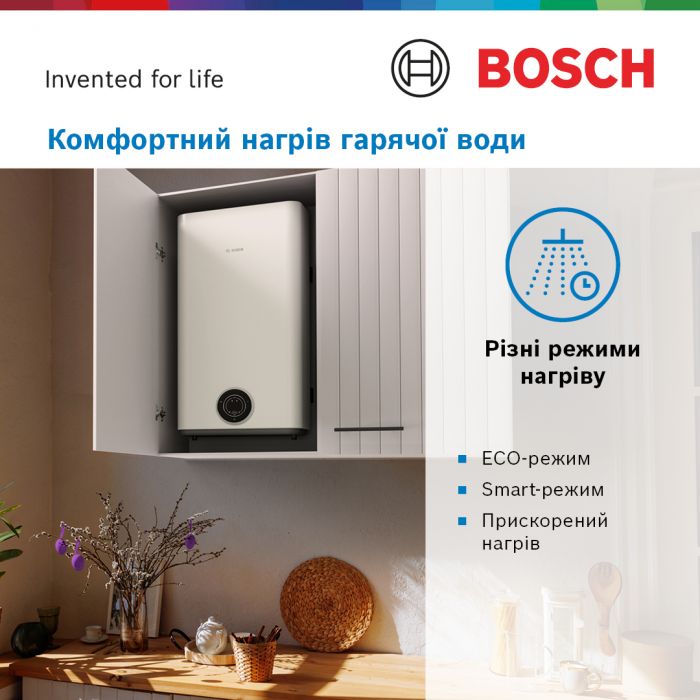 Водонагрівач електр. BOSCH плаский слім Tronic 3500, 100л, 1.5кВт, ун. монтаж, електр. кер-ння, B, білий