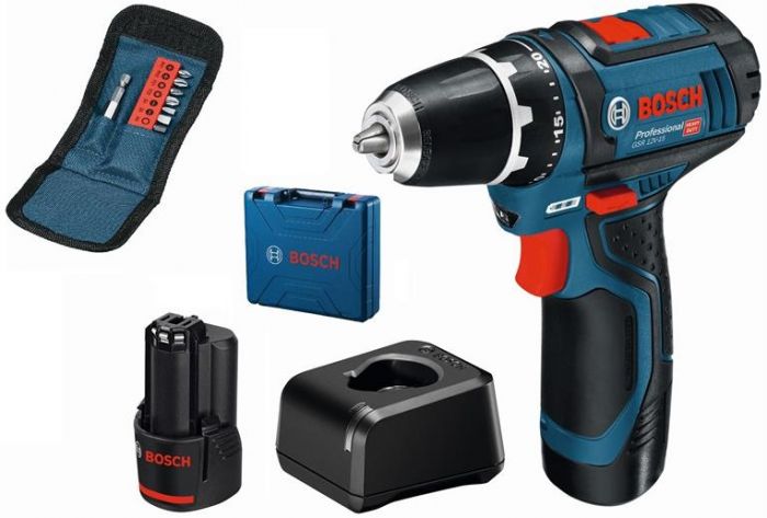 Шурупокрут-дриль акумуляторний Bosch GSR 12V-15 12В 2х2А/год 15-30Нм 0-400/400-1300об·хв 1кг набір 10 біт кейс