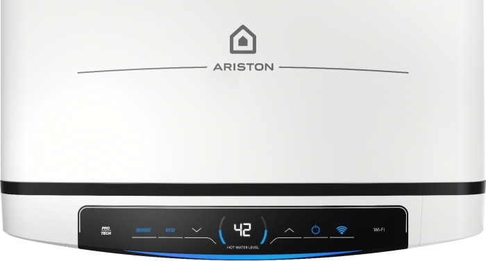 Водонагрівач електр. Ariston плаский слім VELIS PRO DRY WIFI 80 EU, 80л, 2*1,5кВт, сух тен, ун. монтаж, електр. кер-ння, B, Італія, Білий