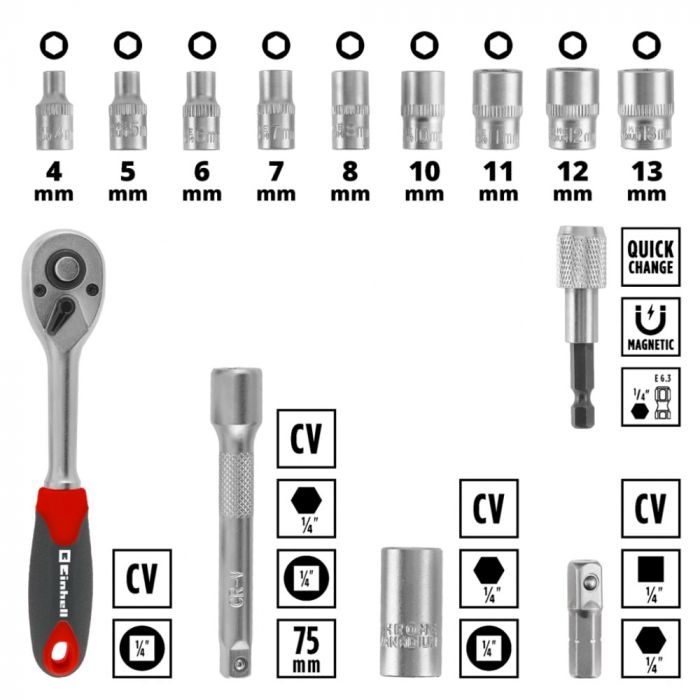 Набір біт і головок Einhell, 1/4" 4-13мм, 37шт, кейс