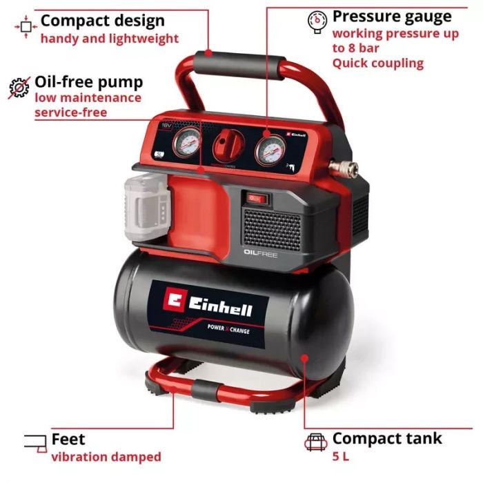 Компресор повітряний Einhell TE-AC 18/75 Li OF - Solo, акумуляторний 18В PXC, 8бар, 75л/хв, бак 5л, 7.76кг, (без АКБ та ЗП)