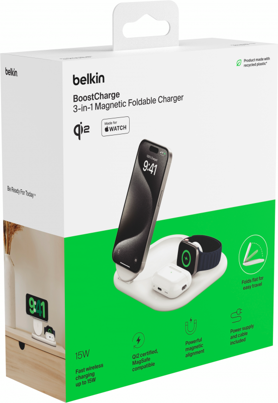 Зарядний пристрій бездротовий Belkin 3в1 Magnetic Foldable iPhone/Watch/AirPods, Qi2 15Вт, білий