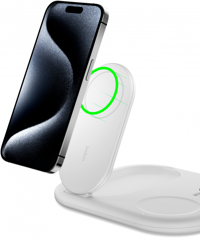 Зарядний пристрій бездротовий Belkin 3в1 Magnetic Foldable iPhone/Watch/AirPods, Qi2 15Вт, білий