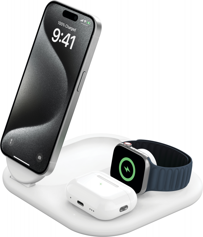 Зарядний пристрій бездротовий Belkin 3в1 Magnetic Foldable iPhone/Watch/AirPods, Qi2 15Вт, білий