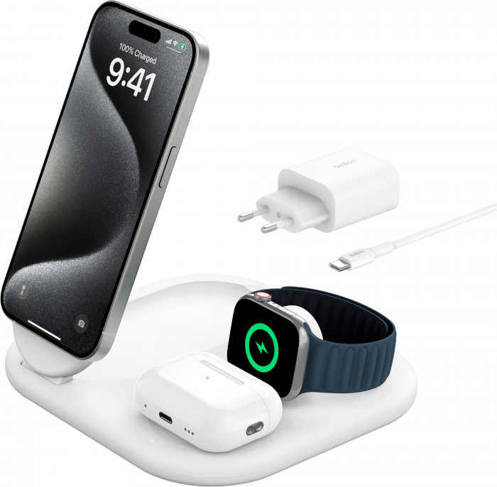 Зарядний пристрій бездротовий Belkin 3в1 Magnetic Foldable iPhone/Watch/AirPods, Qi2 15Вт, білий