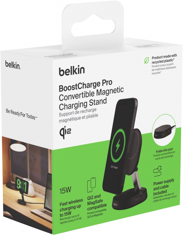 Зарядний пристрій бездротовий Belkin 15Вт Magnetic Stand Qi2, адаптер 20Вт USB-C, чорний