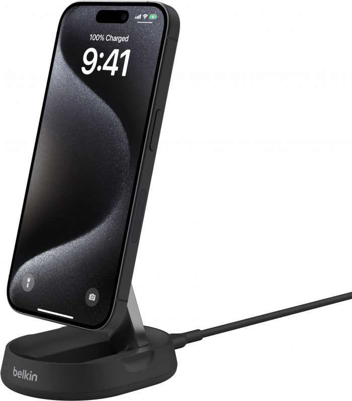 Зарядний пристрій бездротовий Belkin 15Вт Magnetic Stand Qi2, адаптер 20Вт USB-C, чорний