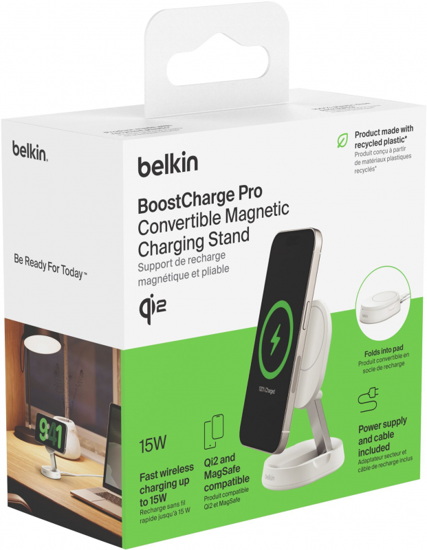 Зарядний пристрій бездротовий Belkin 15Вт Magnetic Stand Qi2, адаптер 20Вт USB-C, білий