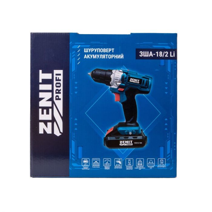 Шурупокрут-дриль акумуляторний Зеніт ЗША-18/2 Li Профі 18В 2х2А·год 27Нм 0-400·1500об/хв 1кг кейс