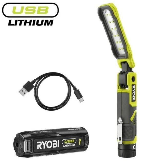 Ліхтар інспекційний акумуляторний Ryobi USB Lithium RLI4-120G, 4В, 2А·год, 650лм, 3 функції освітлення, магніт, затискач