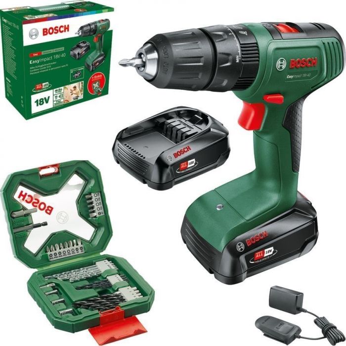 Шурупокрут-дриль акумуляторний Bosch EasyImpact 18V-40 18В 2х2А·год 20·38Нм 0-430·0-1630об·хв кейс ЗП набір з 34 предметів (АС Xline) 1.4кг