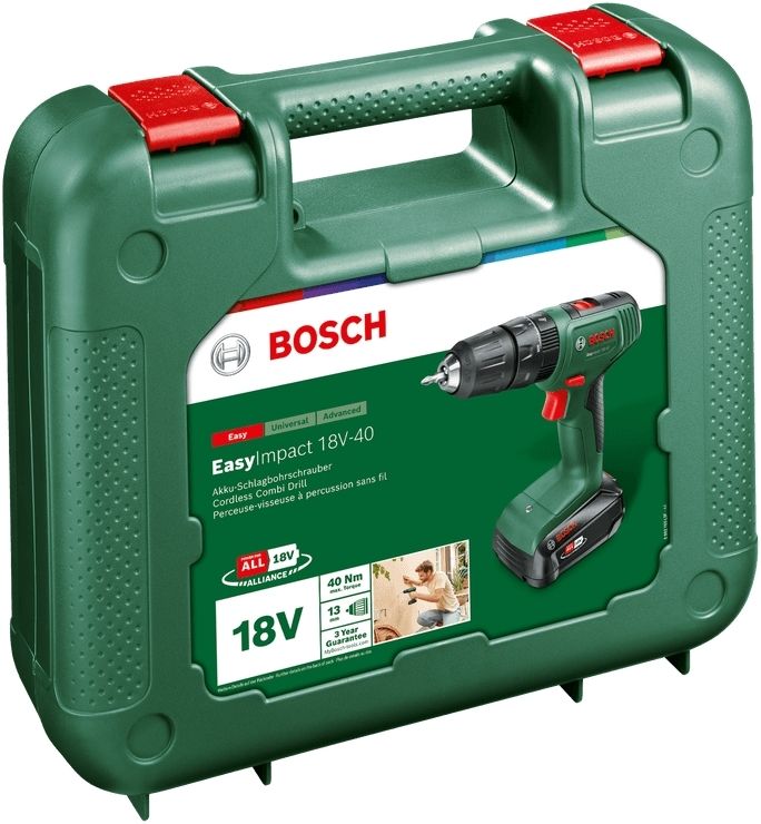 Шурупокрут-дриль акумуляторний Bosch EasyImpact 18V-40 18В 2х2А·год 20·38Нм 0-430·0-1630об·хв кейс ЗП набір з 34 предметів (АС Xline) 1.4кг