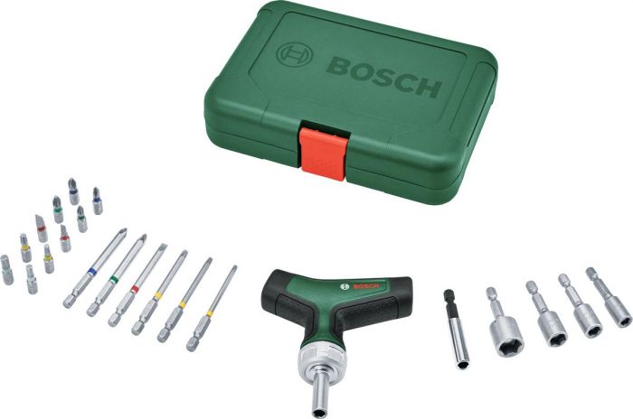 Викрутка Bosch з тріскачкою, т-подлібне руків'я, 20 насадок, 109мм, кейс, сталь CrV