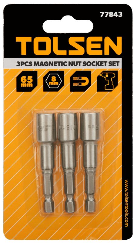 Головки торцеві Tolsen магнітні, набір 3шт, 1/4"х65мм, 8мм, сталі 40Cr