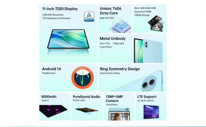 Планшет Teclast P50 11" 6ГБ, 128ГБ, LTE, 8000мА•год, Android, блакитний