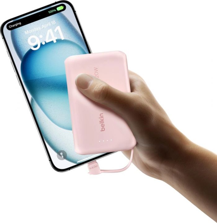 Акумулятор портативний літій-іонний Power Bank Belkin 10000мА·год, 20Вт, з інтегрованим кабелем USB-C, рожевий