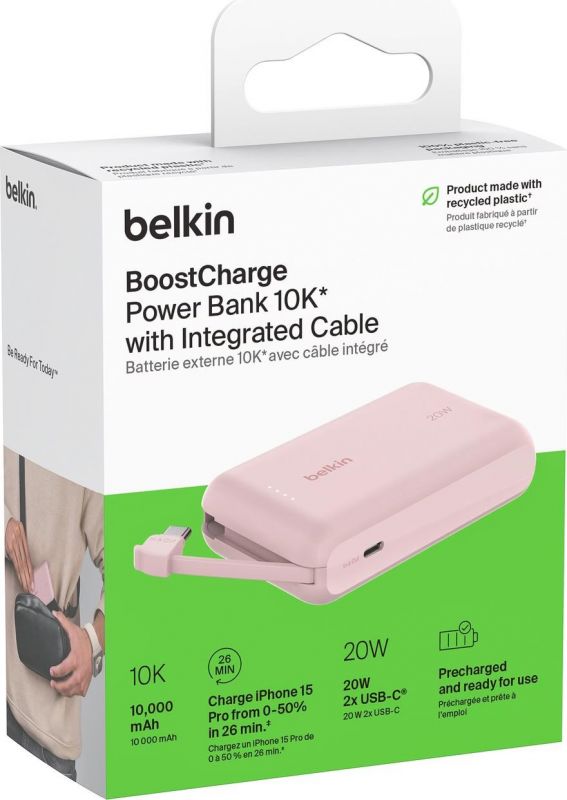 Акумулятор портативний літій-іонний Power Bank Belkin 10000мА·год, 20Вт, з інтегрованим кабелем USB-C, рожевий