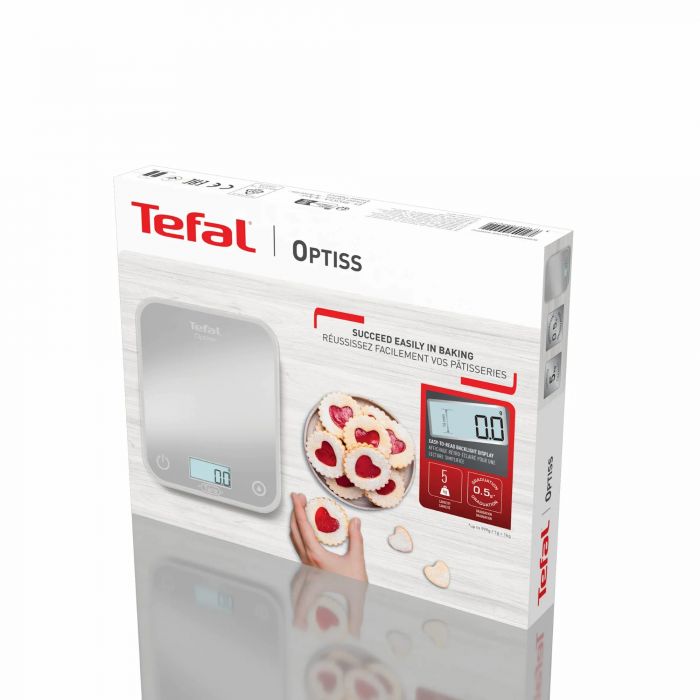 Ваги Tefal кухонні Optiss, 5кг, AAAx2 в комплекті, скло, срібло