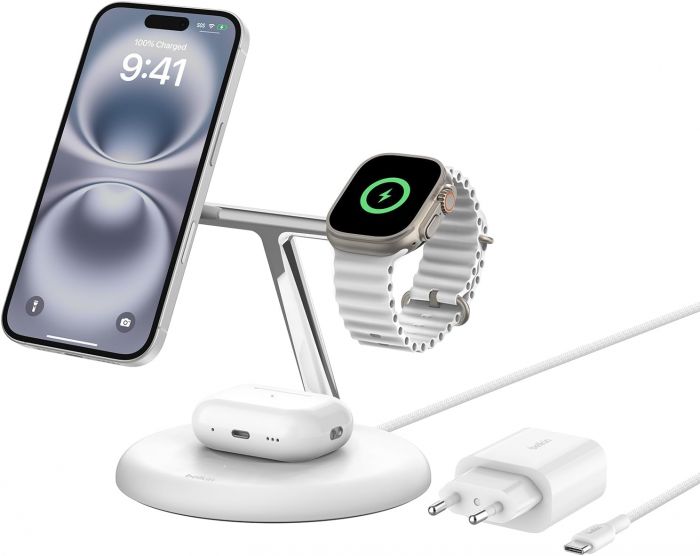 Зарядний пристрій бездротовий Belkin 3в1 Magnetic Qi2 15Вт, білий