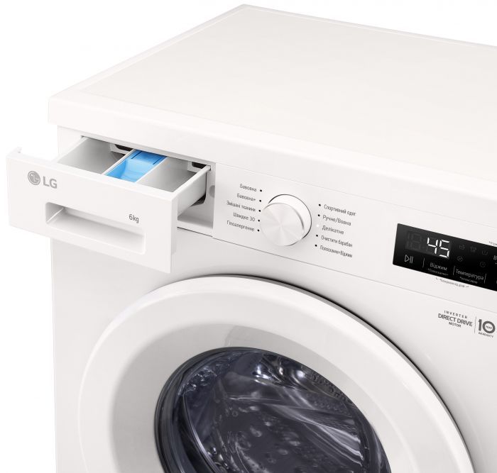 Пральна машина LG фронтальна, 6кг, 1200, A+++, 44см, дисплей, пара, інвертор, білий