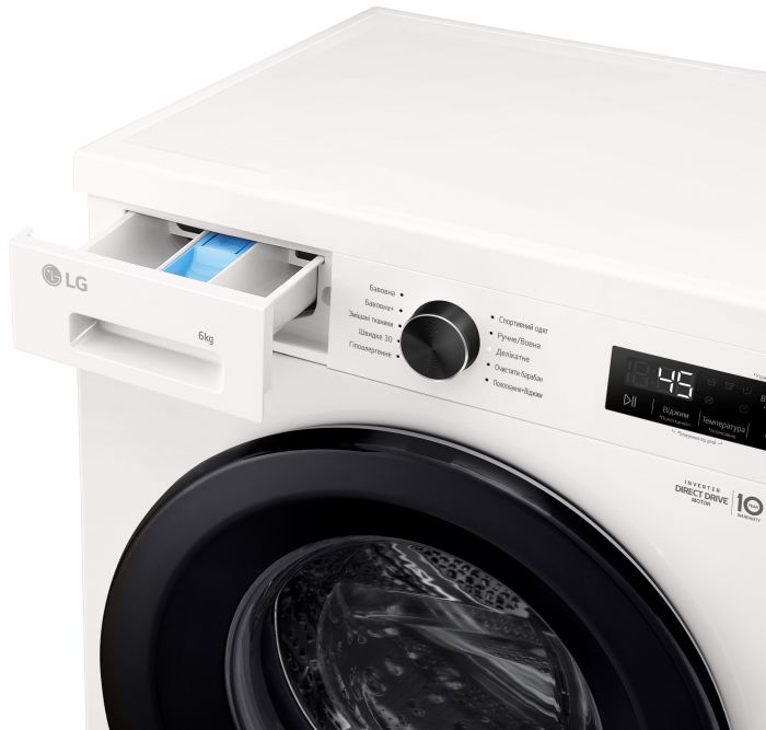 Пральна машина LG фронтальна, 6кг, 1200, A+++, 44см, дисплей, пара, інвертор, білий