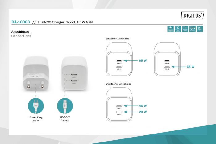 Зарядний пристрій DIGITUS 2хUSB-C, 65W, GaN