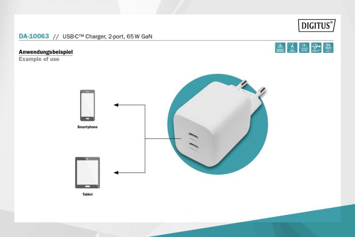 Зарядний пристрій DIGITUS 2хUSB-C, 65W, GaN