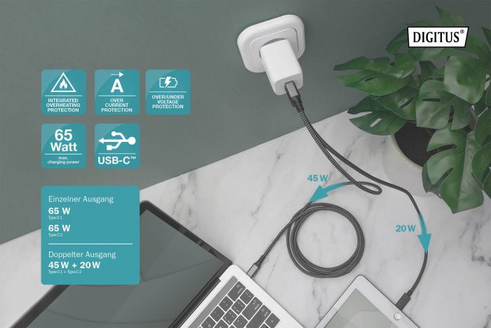 Зарядний пристрій DIGITUS 2хUSB-C, 65W, GaN