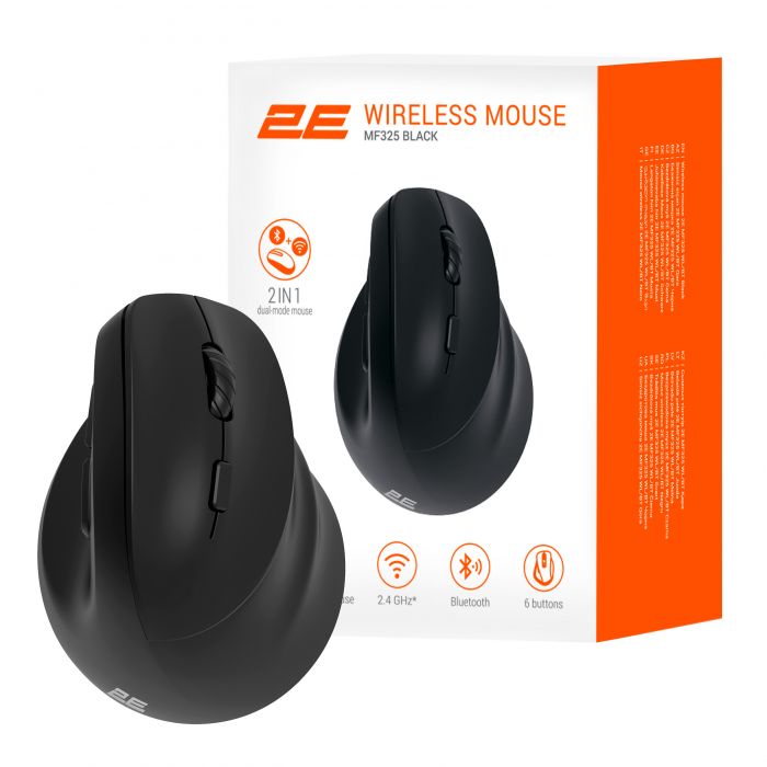 Миша 2E MF325 Silent, WL/BT, вертикальна, чорний