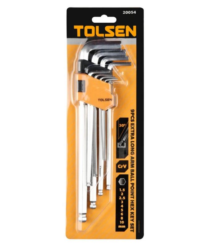 Ключі шестигранні Tolsen, набір 9шт, довгі, кулястий наконечник, 1.5-10мм, CrV
