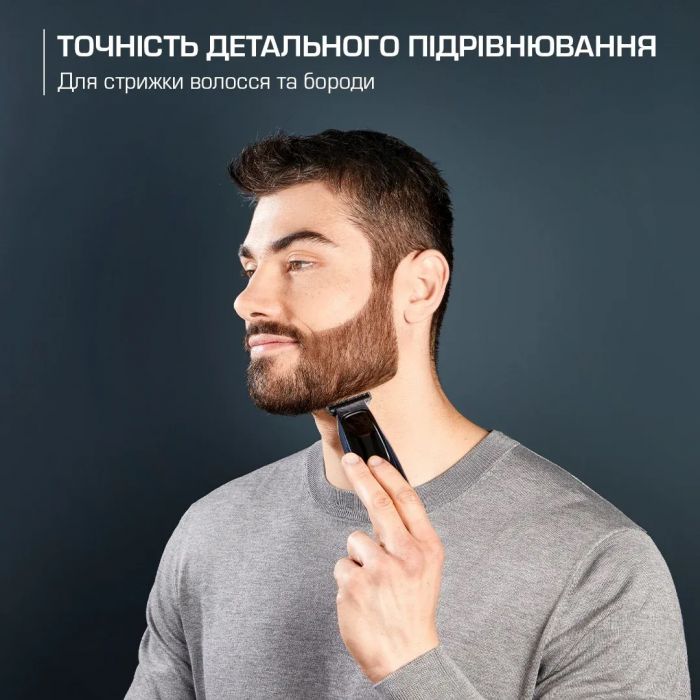 Тример Rowenta Barber Experience, для голови, бороди, мережа+акум., роторний мотор, насадок-5, нержавіюча сталь з покриттям DLC, чорно-синій