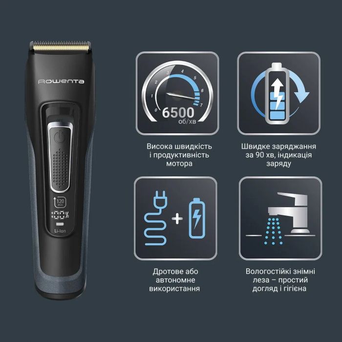 Машинка для стрижки Rowenta Advancer, для бороди, вусів, голови, мережа+акум., роторний мотор, насадок-2, кейс, титан.напил., темно-зелений