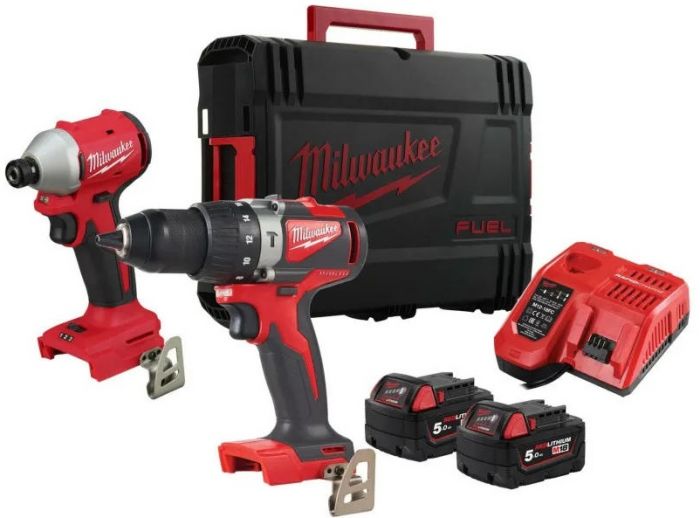 Набір із двох акумуляторних інструментів Milwaukee M18 BLPP2A3-502X 18В шурупокрут-дриль M18 BLPD2 гвинтоверт ударний M18 BLIDR акб М18 2х5А·год ЗП M12-18FC кейс