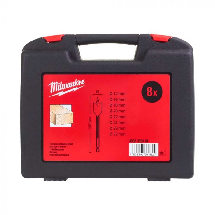 Свердло по дереву перове Milwaukee, набір 8шт, 12-32мм, шестигранний хвостовик, кейс