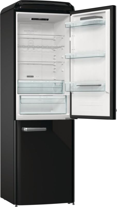 Холодильник з нижн. мороз. камерою Gorenje, 194x66x60см, 2 двері, 204(96)л, А++, Retro, NoFrost+, Внутр. Диспл, Зона св-ті, чорний