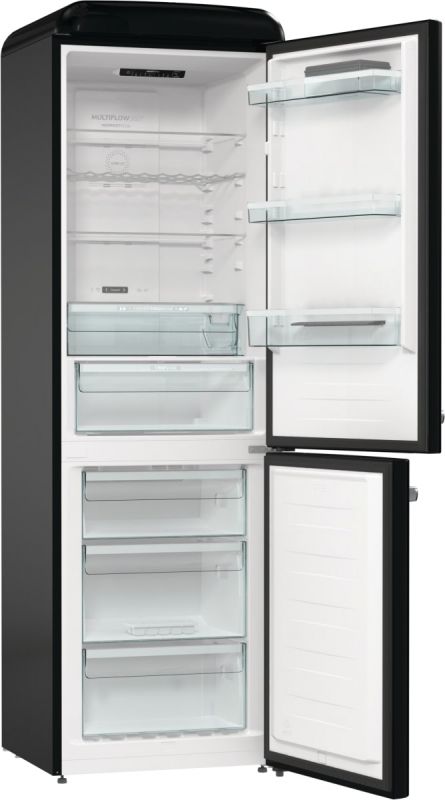 Холодильник з нижн. мороз. камерою Gorenje, 194x66x60см, 2 двері, 204(96)л, А++, Retro, NoFrost+, Внутр. Диспл, Зона св-ті, чорний