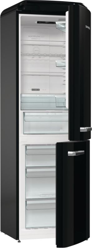 Холодильник з нижн. мороз. камерою Gorenje, 194x66x60см, 2 двері, 204(96)л, А++, Retro, NoFrost+, Внутр. Диспл, Зона св-ті, чорний