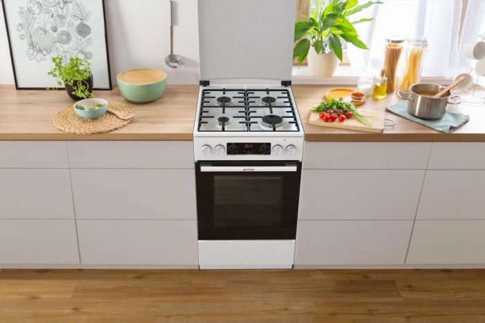 Плита Gorenje комбінована, 70л, 50x60см, дисплей, емальовані реш, програматор IconLed, кришка-метал, білий