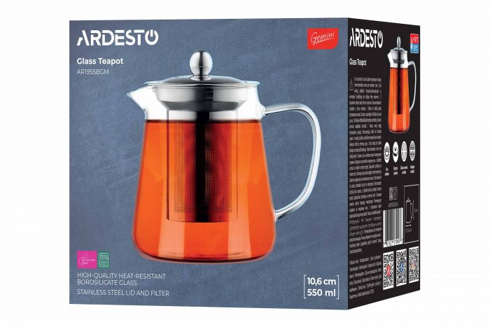 Заварник Ardesto Gemini Milano 550мл, боросилікатне скло, нержавіюча сталь, прозорий Заварник Ardesto Gemini Milano 550мл, боросилікатне скло, нержавіюча сталь, прозорий