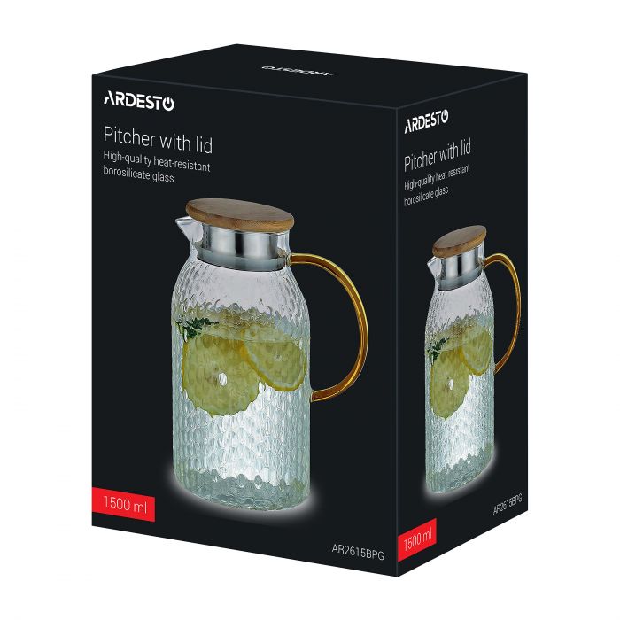 Глечик з кришкою Ardesto Dew 1500мл, боросилікатне скло, нержавіюча сталь, бамбук, прозорий