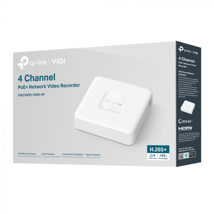 IP-Відеореєстратор TP-LINK VIGI NVR1104H-4P, 4 канали Poe, 2xUSB, H265+, 1xHDD, до 16 ТБ, білий