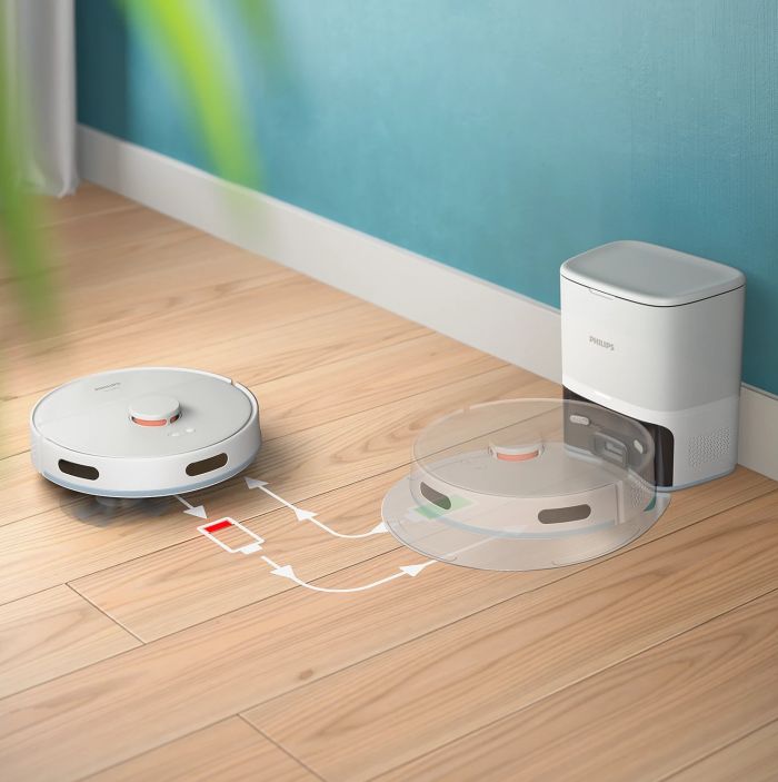 Робот-пилосос Philips Series 2000, h=9.7см, вологе прибирання, конт пил -0.38л, вода -0.3л, автон. робота до 120хв, EPA 11, Wi-Fi, станція самоочищ., білий