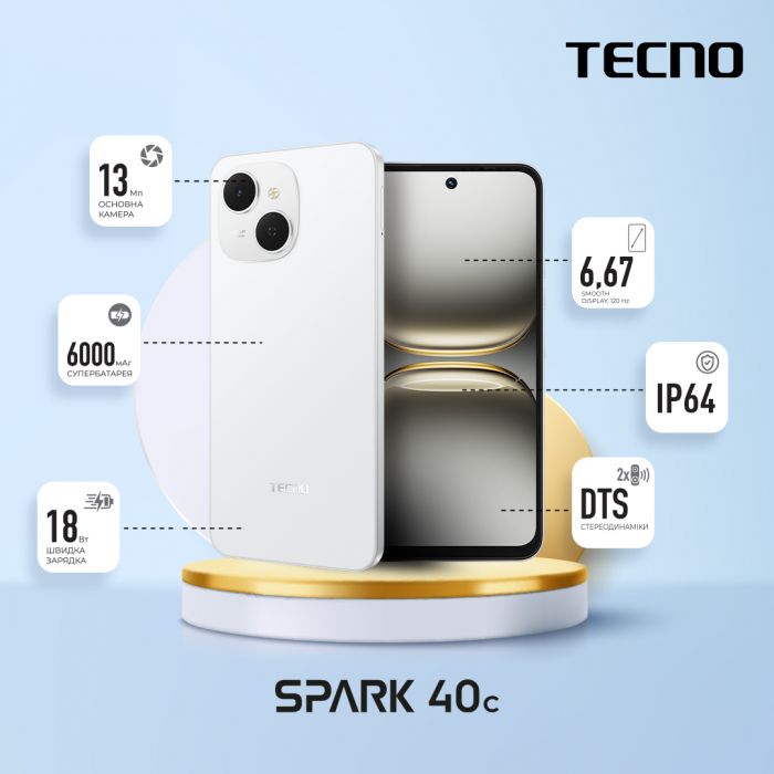 Смартфон TECNO Spark 40C (KM4k) 6.67" 4/128ГБ, 2SIM, 6000мА•год, Veil White Смартфон TECNO Spark 40C (KM4k) 6.67" 4/128ГБ, 2SIM, 6000мА•год, Veil White