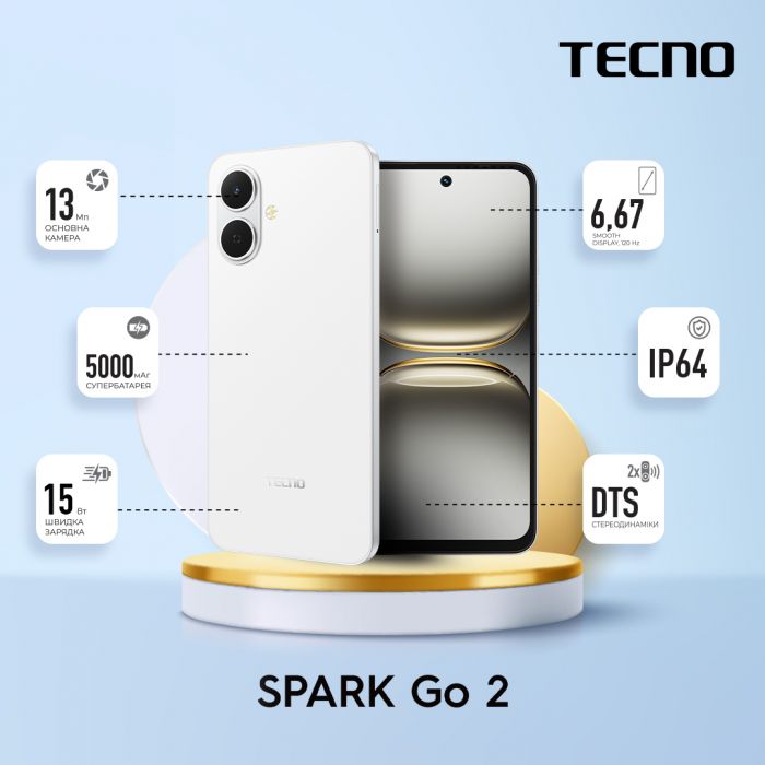 Смартфон TECNO Spark Go 2 (KM4) 6.67" 3/64ГБ, 2SIM, 5000мА•год, Veil White
