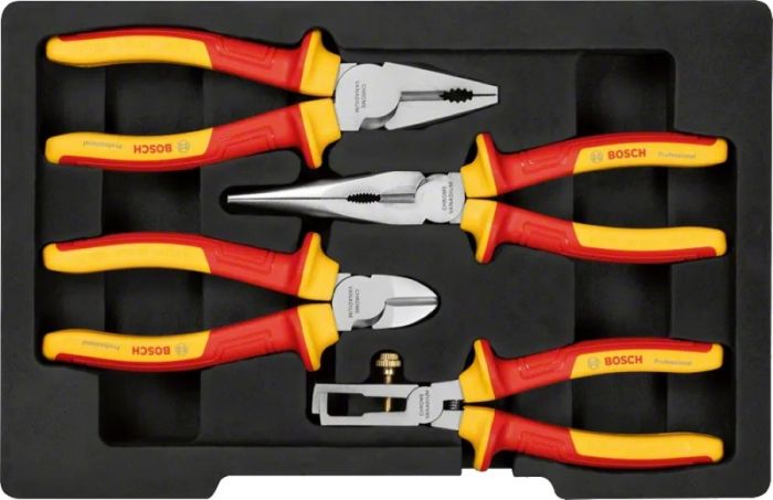 Набір шарнірно-губцевого інструменту Bosch Professional, комбіновані плоскогубці, діагональний бокоріз, плоскогубці з довгим носом, знімач ізоляції, VDE набір 4шт